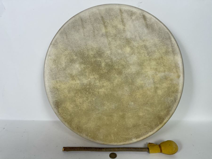 Vintage Hand Crafted Medicine Drum Signed Rainbow Rhythms With Drum Beater 16R X 3D [Photo 3]