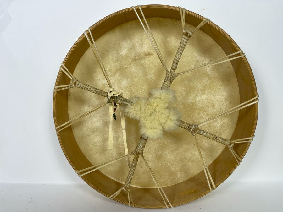 Vintage Hand Crafted Medicine Drum Signed Rainbow Rhythms With Drum Beater 16R X 3D [Photo 2]