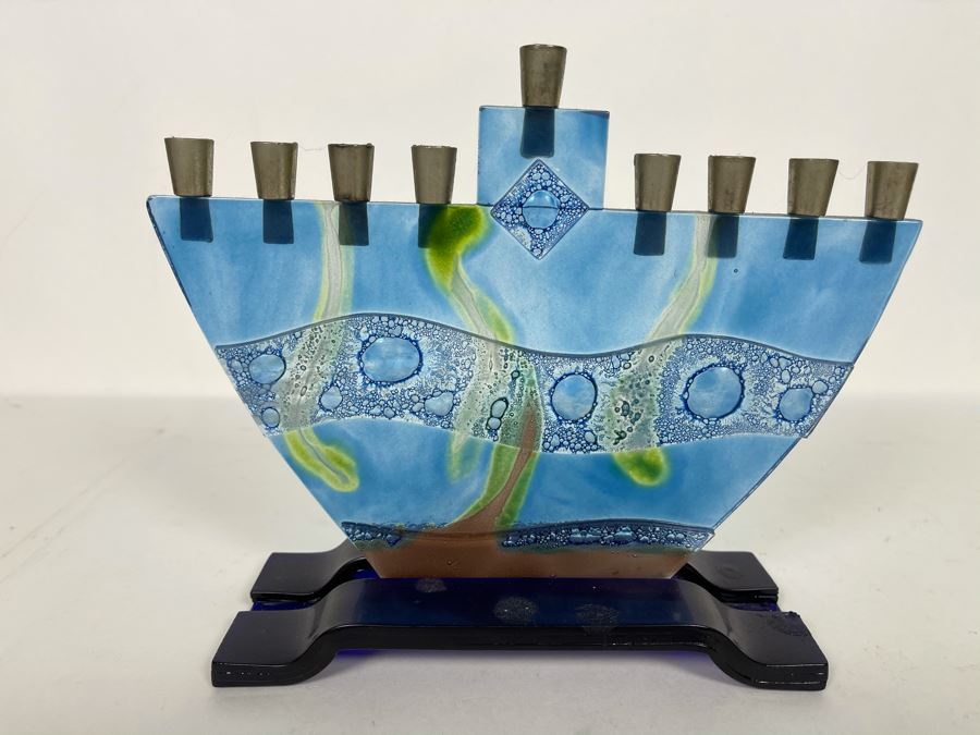Signed Art Glass Menorah 7W X 2.5D X 7H [Photo 6]