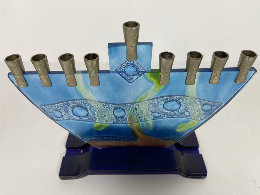 Signed Art Glass Menorah 7W X 2.5D X 7H [Photo 4]