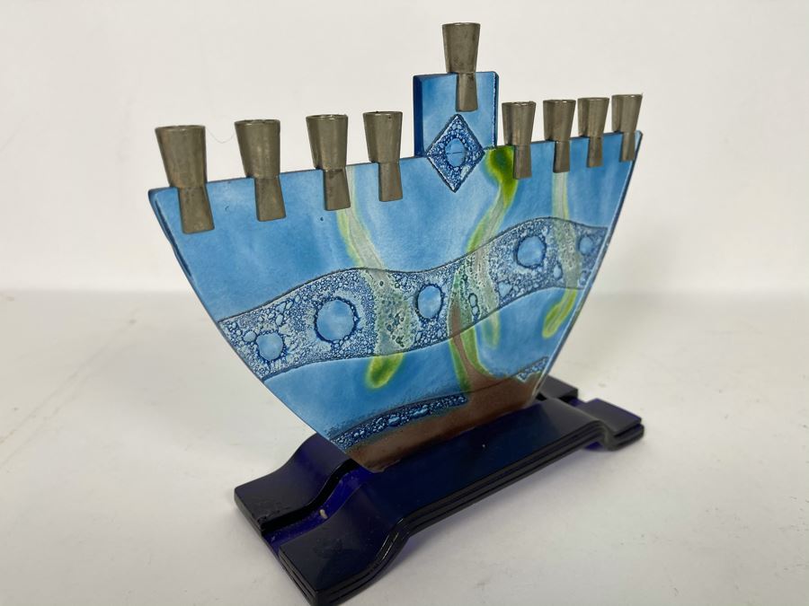Signed Art Glass Menorah 7W X 2.5D X 7H [Photo 5]