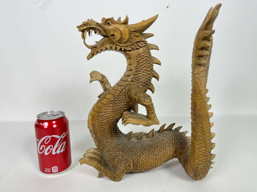 Carved Wooden Dragon Sculpture (See Photos For Several Minor Chips) 10W X 5D X 12H [Photo 4]