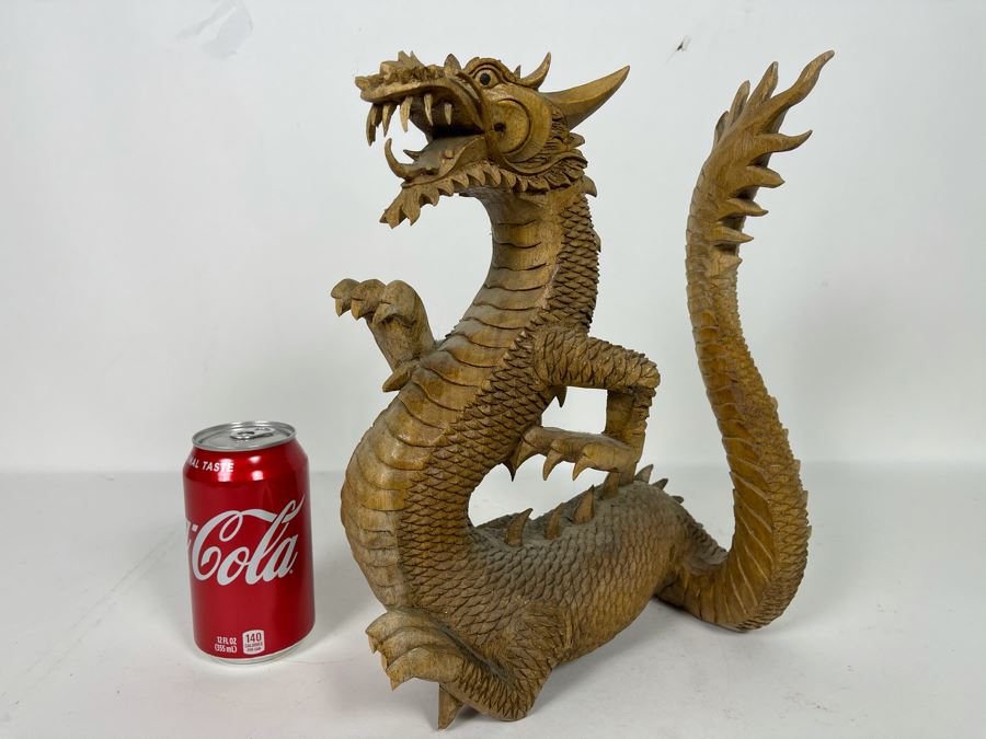 Carved Wooden Dragon Sculpture (See Photos For Several Minor Chips) 10W X 5D X 12H [Photo 3]