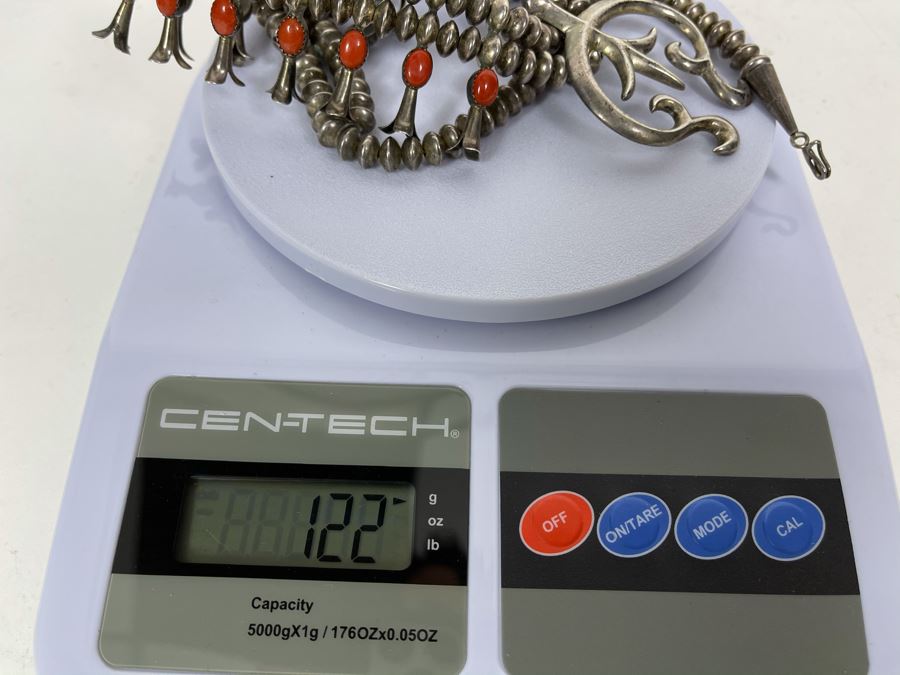 Signed Vintage Native American Squash Blossom Sterling Silver And Coral Necklace (Missing One Piece Of Coral) Signed LFK 122g [Photo 9]