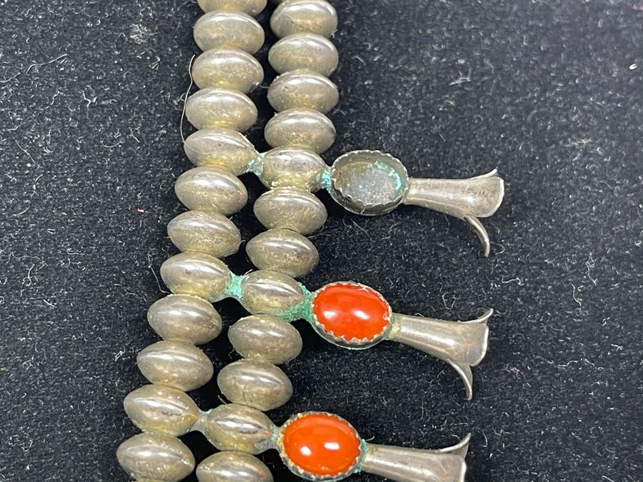 Signed Vintage Native American Squash Blossom Sterling Silver And Coral