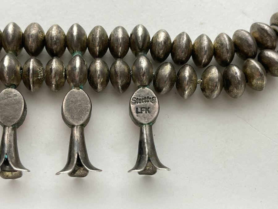 Signed Vintage Native American Squash Blossom Sterling Silver And Coral Necklace (Missing One Piece Of Coral) Signed LFK 122g [Photo 6]