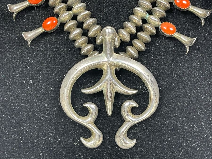 Signed Vintage Native American Squash Blossom Sterling Silver And Coral