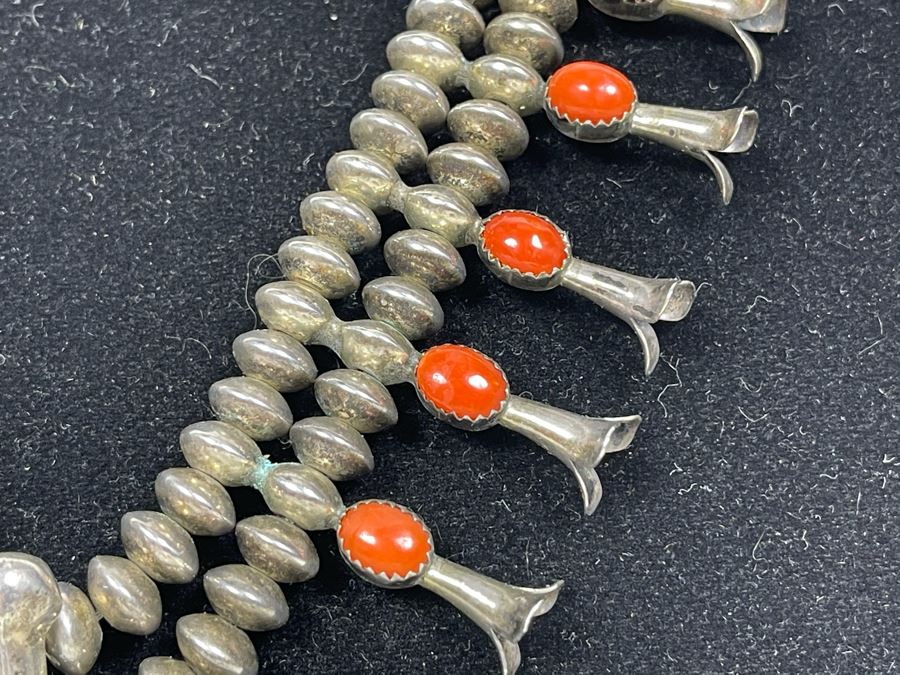 Signed Vintage Native American Squash Blossom Sterling Silver And Coral Necklace (Missing One Piece Of Coral) Signed LFK 122g [Photo 3]