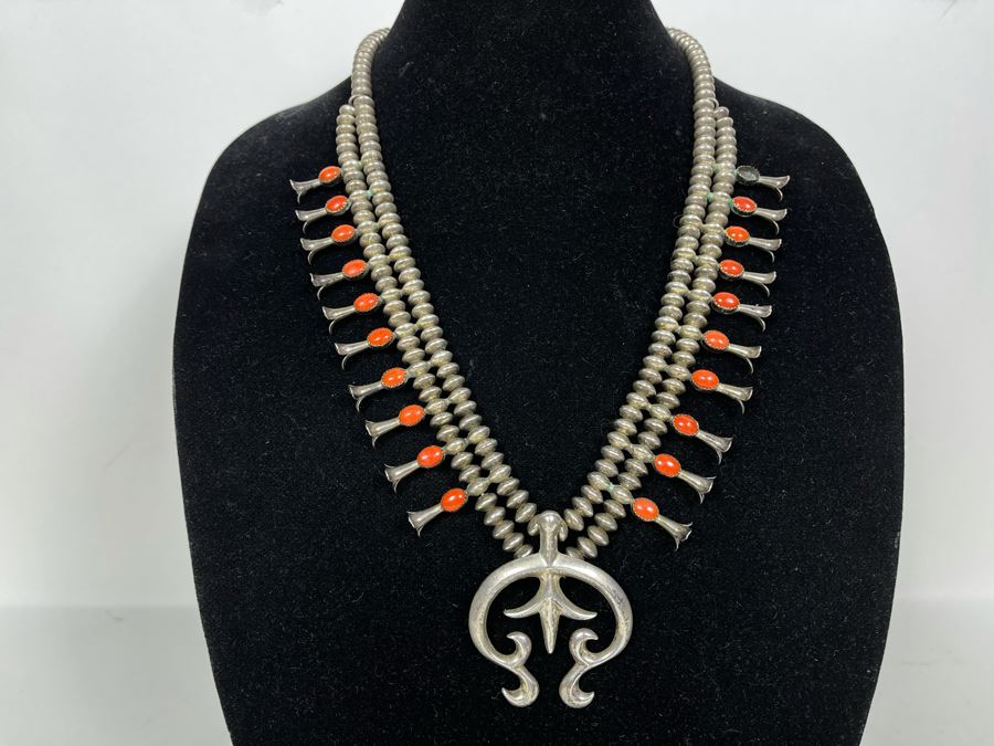Signed Vintage Native American Squash Blossom Sterling Silver And Coral Necklace (Missing One Piece Of Coral) Signed LFK 122g [Photo 10]
