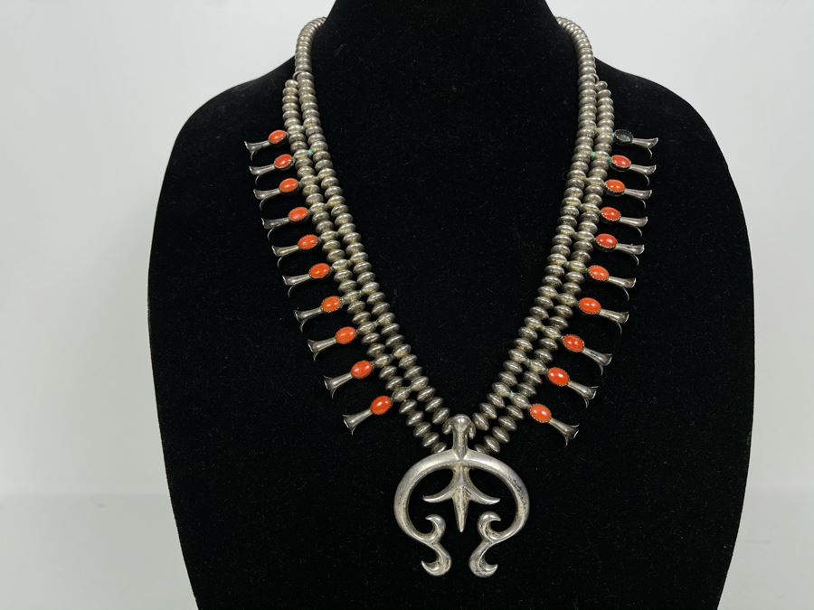 Signed Vintage Native American Squash Blossom Sterling Silver And Coral Necklace (Missing One Piece Of Coral) Signed LFK 122g [Photo 11]