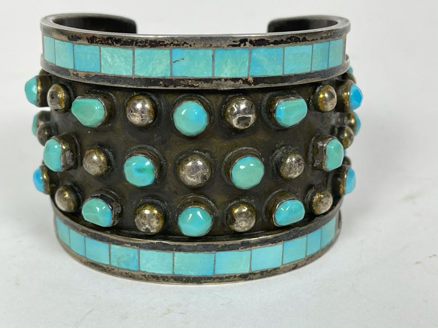 Native American Zuni Signed Sterling Silver And Turquoise Cuff Bracelet Size 5 1/2 Signed Jobeth Mayes Maize 83.2g [Photo 18]