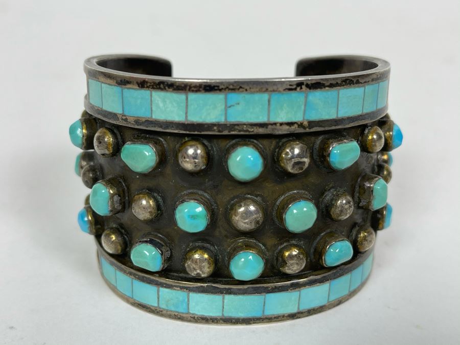 Native American Zuni Signed Sterling Silver And Turquoise Cuff Bracelet Size 5 1/2 Signed Jobeth Mayes Maize 83.2g [Photo 3]