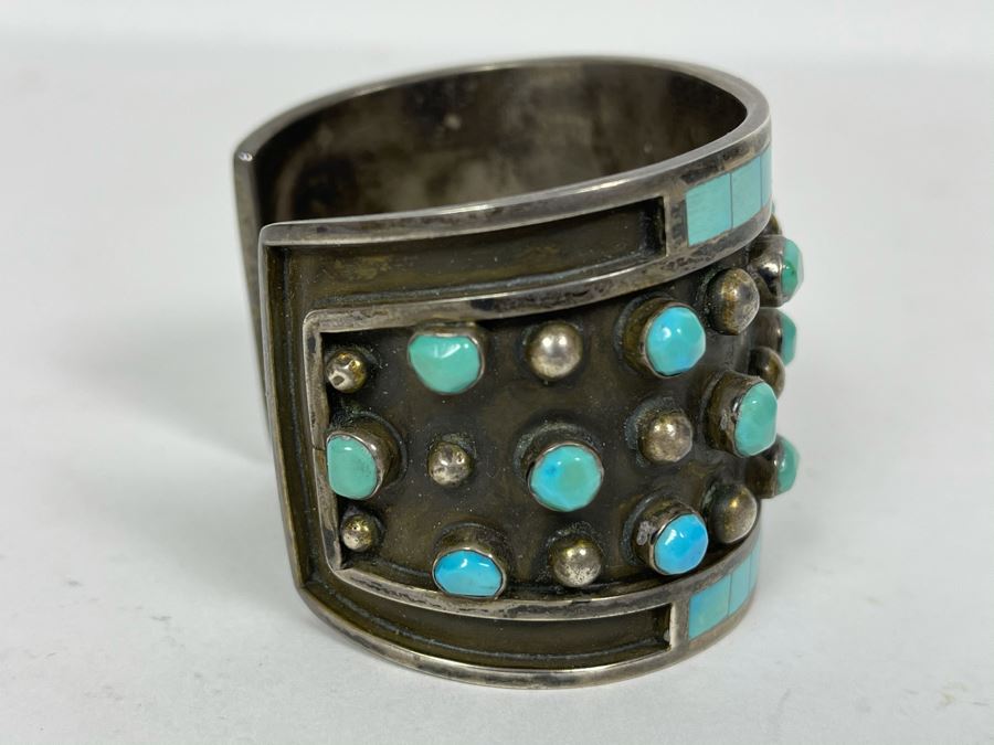 Native American Zuni Signed Sterling Silver And Turquoise Cuff Bracelet Size 5 1/2 Signed Jobeth Mayes Maize 83.2g [Photo 5]