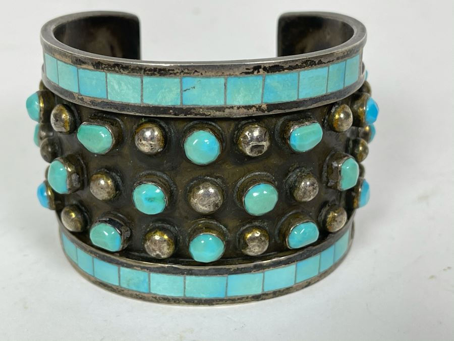 Native American Zuni Signed Sterling Silver And Turquoise Cuff Bracelet Size 5 1/2 Signed Jobeth Mayes Maize 83.2g [Photo 16]