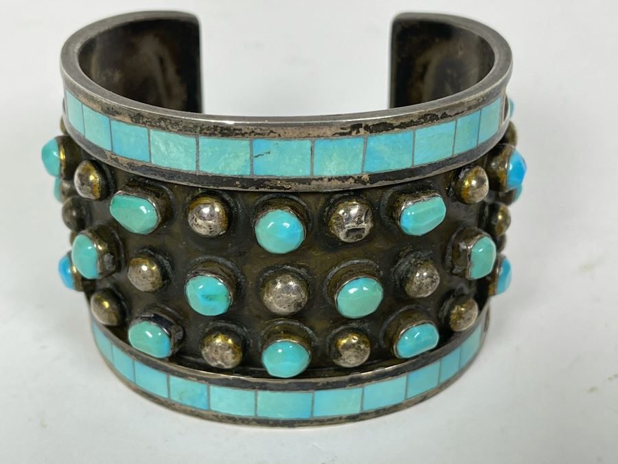 Native American Zuni Signed Sterling Silver And Turquoise Cuff Bracelet Size 5 1/2 Signed Jobeth Mayes Maize 83.2g [Photo 17]