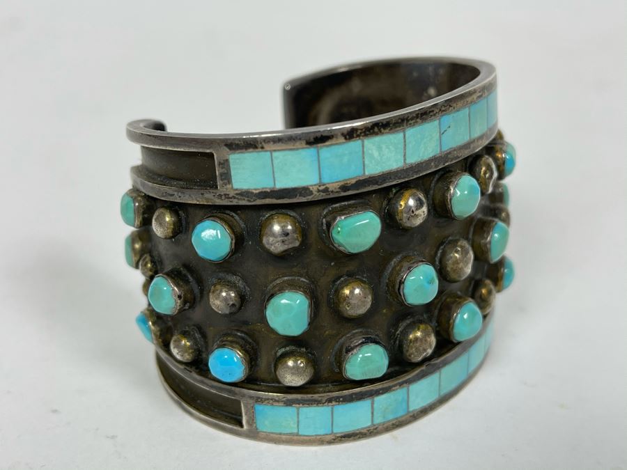 Native American Zuni Signed Sterling Silver And Turquoise Cuff Bracelet Size 5 1/2 Signed Jobeth Mayes Maize 83.2g [Photo 4]