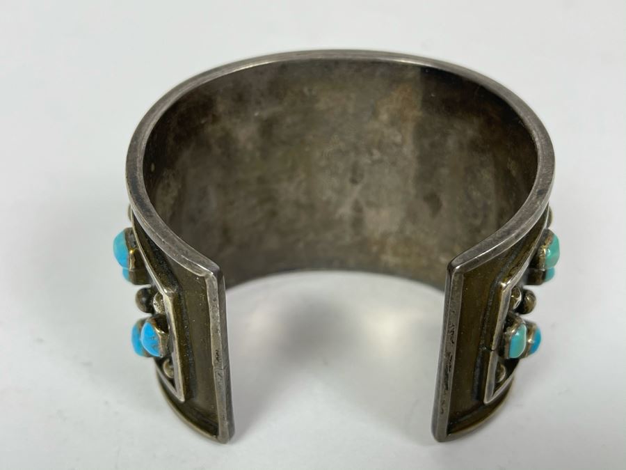 Native American Zuni Signed Sterling Silver And Turquoise Cuff Bracelet Size 5 1/2 Signed Jobeth Mayes Maize 83.2g [Photo 8]