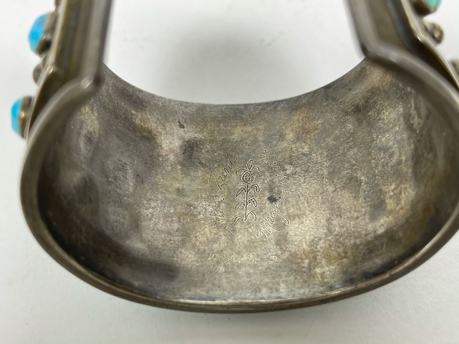 Native American Zuni Signed Sterling Silver And Turquoise Cuff Bracelet Size 5 1/2 Signed Jobeth Mayes Maize 83.2g [Photo 9]
