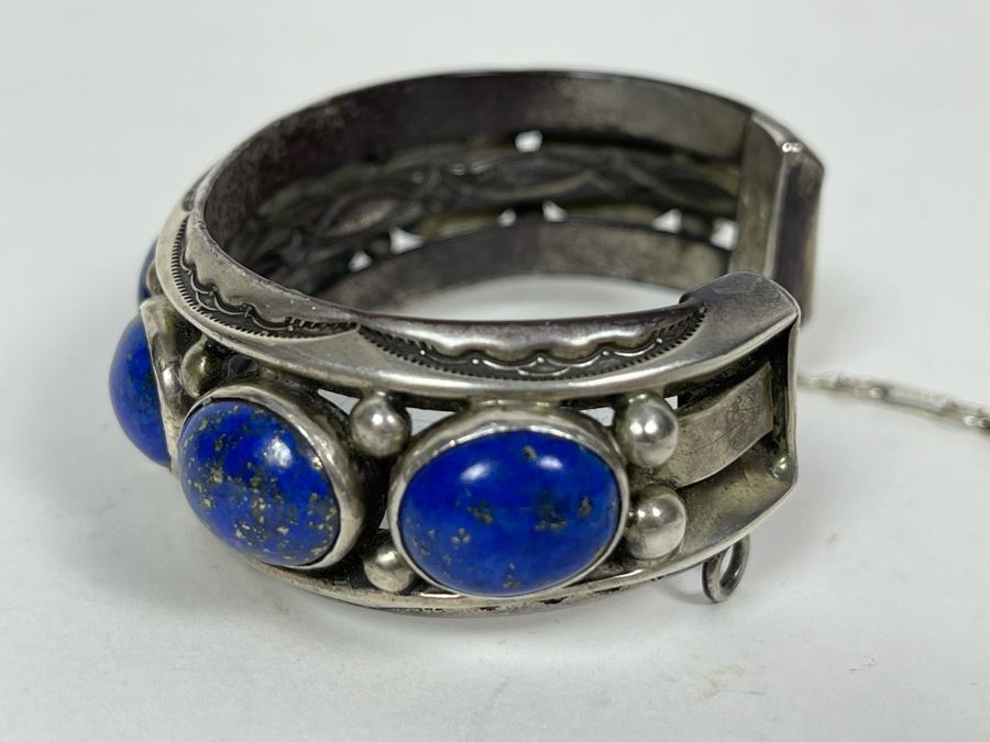 Signed Orville Tsinnie Navajo New Mexico - Lapis Lazuli And Sterling Silver Bracelet 93.5g [Photo 7]