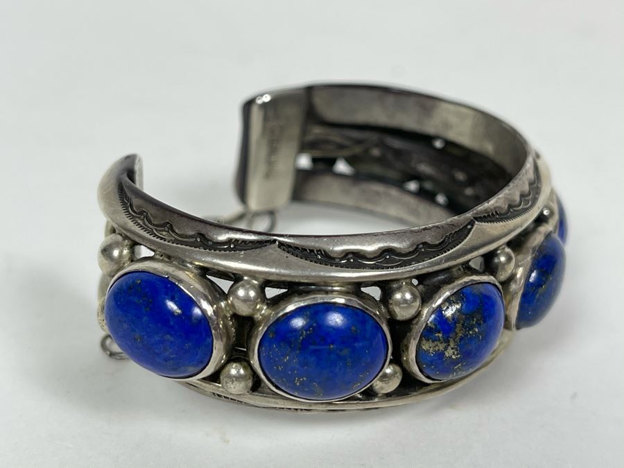 Signed Orville Tsinnie Navajo New Mexico - Lapis Lazuli And Sterling Silver Bracelet 93.5g [Photo 5]