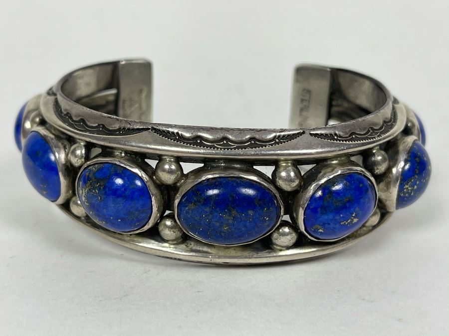 Signed Orville Tsinnie Navajo New Mexico - Lapis Lazuli And Sterling Silver Bracelet 93.5g [Photo 3]