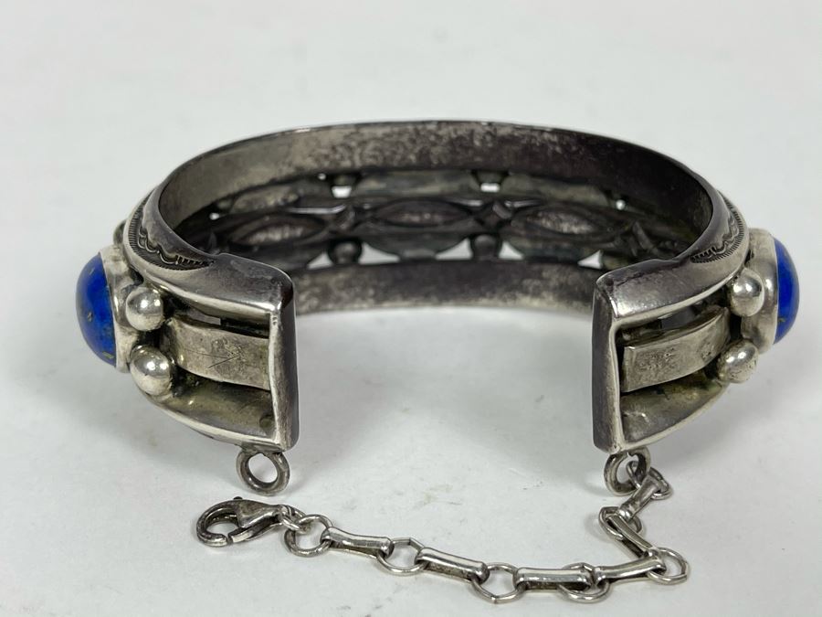 Signed Orville Tsinnie Navajo New Mexico - Lapis Lazuli And Sterling Silver Bracelet 93.5g [Photo 6]