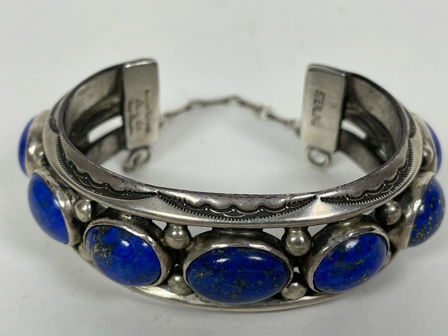 Signed Orville Tsinnie Navajo New Mexico - Lapis Lazuli And Sterling Silver Bracelet 93.5g [Photo 4]