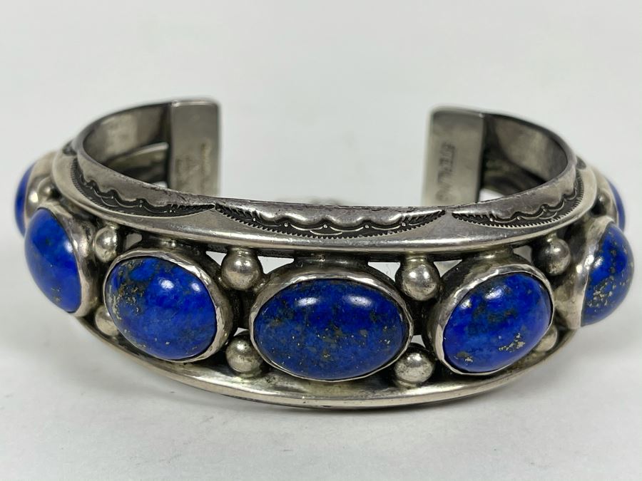 Signed Orville Tsinnie Navajo New Mexico - Lapis Lazuli And Sterling Silver Bracelet 93.5g [Photo 1]