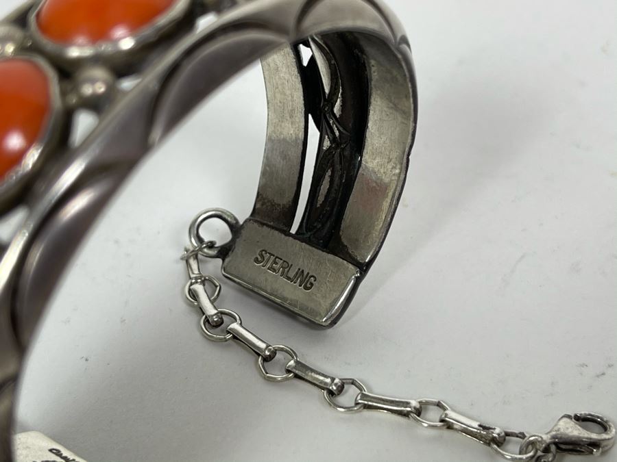 Signed Orville Tsinnie Navajo New Mexico - Coral And Sterling Silver Bracelet 87.2g [Photo 8]
