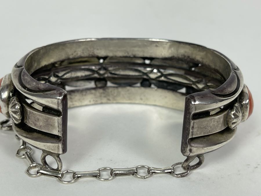 Signed Orville Tsinnie Navajo New Mexico - Coral And Sterling Silver Bracelet 87.2g [Photo 5]