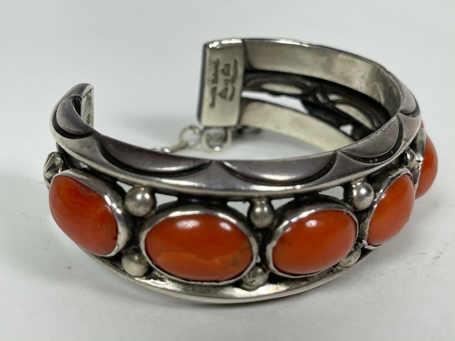 Signed Orville Tsinnie Navajo New Mexico - Coral And Sterling Silver Bracelet 87.2g [Photo 4]