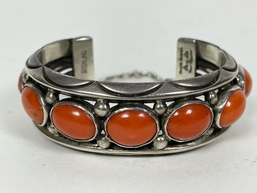 Signed Orville Tsinnie Navajo New Mexico - Coral And Sterling Silver Bracelet 87.2g