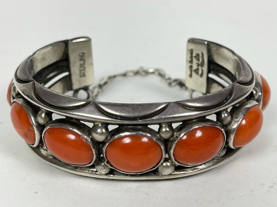 Signed Orville Tsinnie Navajo New Mexico - Coral And Sterling Silver Bracelet 87.2g [Photo 3]