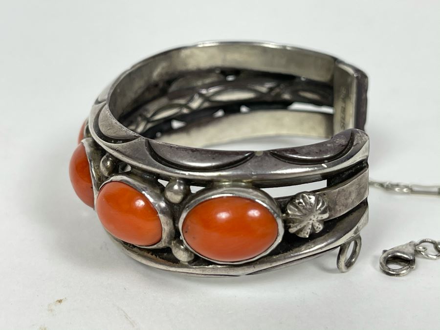 Signed Orville Tsinnie Navajo New Mexico - Coral And Sterling Silver Bracelet 87.2g [Photo 7]