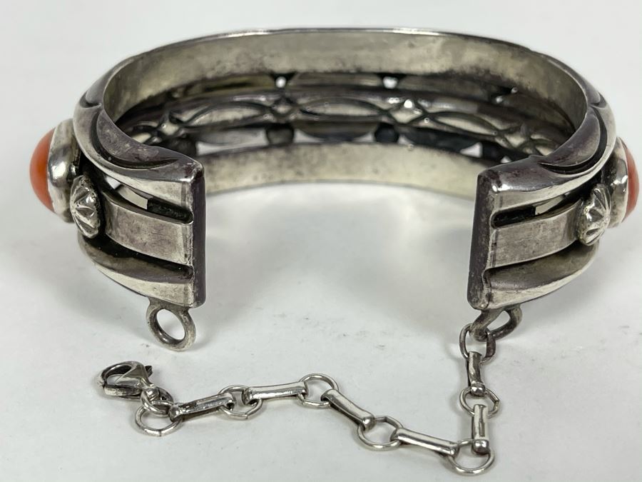 Signed Orville Tsinnie Navajo New Mexico - Coral And Sterling Silver Bracelet 87.2g [Photo 6]