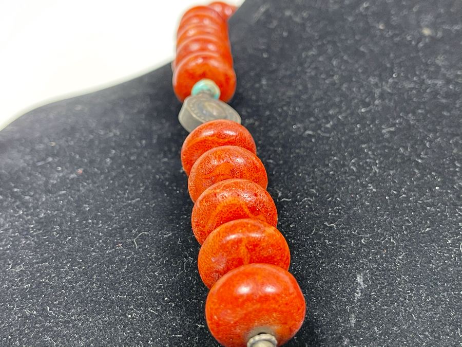 Vintage Chinese Tibetan Sterling Silver Pendant With Red Coral And Turquoise Beaded Necklace Statement Piece 386g [Photo 11]