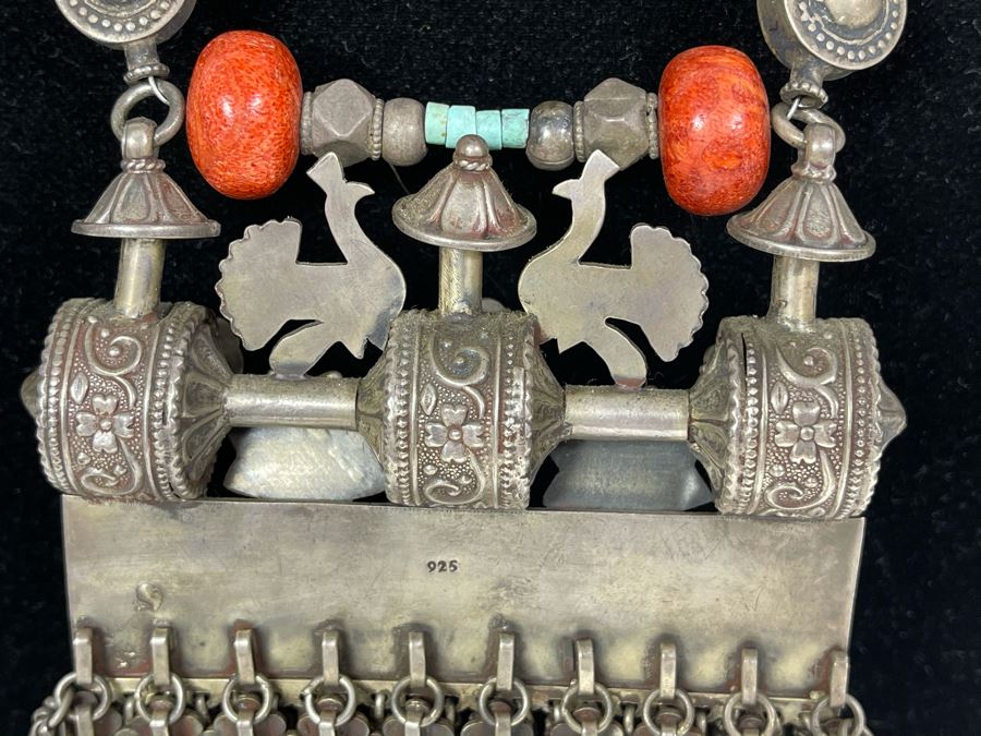 Vintage Chinese Tibetan Sterling Silver Pendant With Red Coral And Turquoise Beaded Necklace Statement Piece 386g [Photo 21]