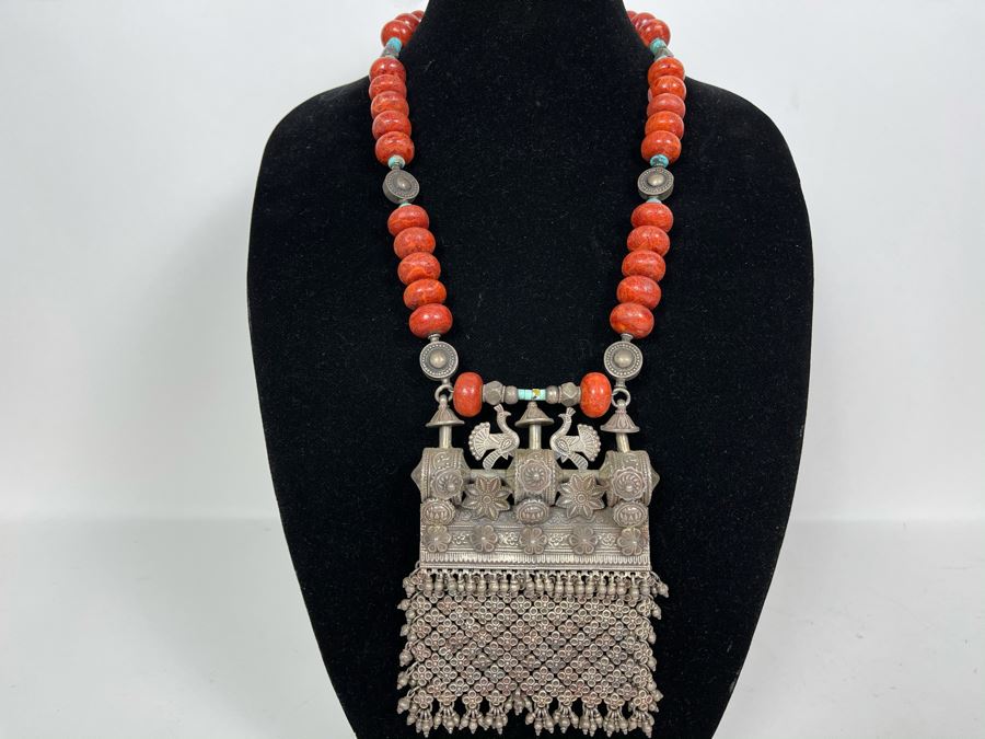 Vintage Chinese Tibetan Sterling Silver Pendant With Red Coral And Turquoise Beaded Necklace Statement Piece 386g [Photo 5]