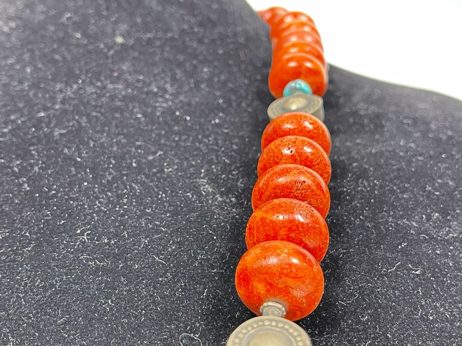 Vintage Chinese Tibetan Sterling Silver Pendant With Red Coral And Turquoise Beaded Necklace Statement Piece 386g [Photo 12]