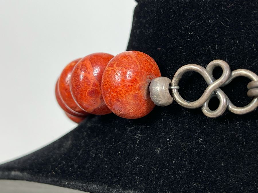 Vintage Chinese Tibetan Sterling Silver Pendant With Red Coral And Turquoise Beaded Necklace Statement Piece 386g [Photo 18]