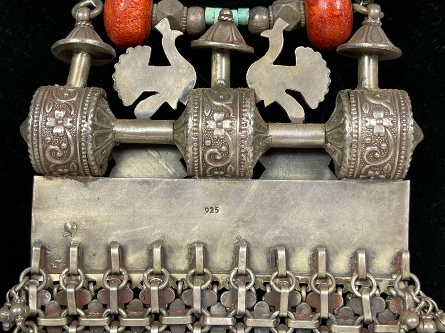 Vintage Chinese Tibetan Sterling Silver Pendant With Red Coral And Turquoise Beaded Necklace Statement Piece 386g [Photo 20]