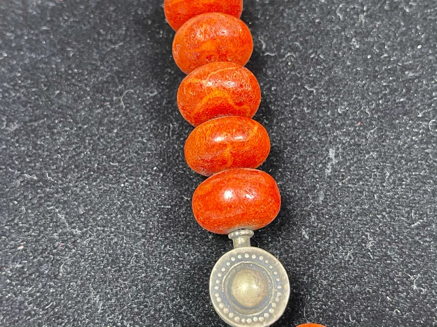 Vintage Chinese Tibetan Sterling Silver Pendant With Red Coral And Turquoise Beaded Necklace Statement Piece 386g [Photo 10]