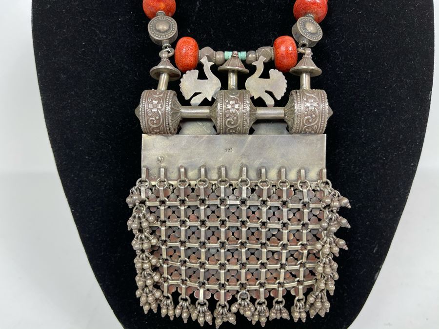 Vintage Chinese Tibetan Sterling Silver Pendant With Red Coral And Turquoise Beaded Necklace Statement Piece 386g [Photo 3]