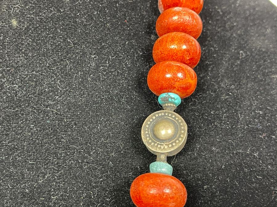 Vintage Chinese Tibetan Sterling Silver Pendant With Red Coral And Turquoise Beaded Necklace Statement Piece 386g [Photo 13]