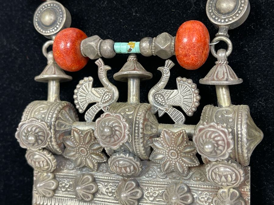 Vintage Chinese Tibetan Sterling Silver Pendant With Red Coral And Turquoise Beaded Necklace Statement Piece 386g [Photo 7]