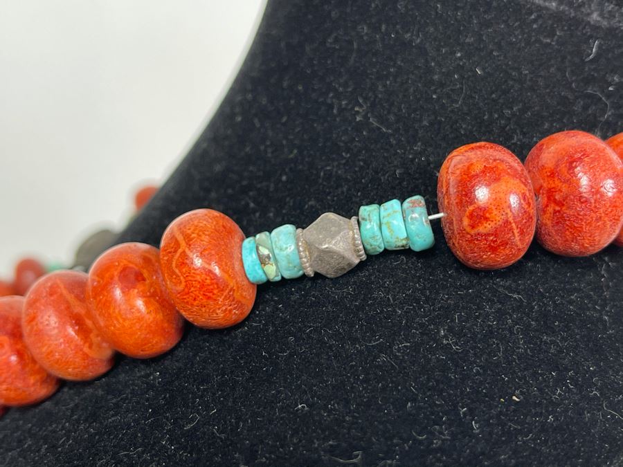 Vintage Chinese Tibetan Sterling Silver Pendant With Red Coral And Turquoise Beaded Necklace Statement Piece 386g [Photo 14]