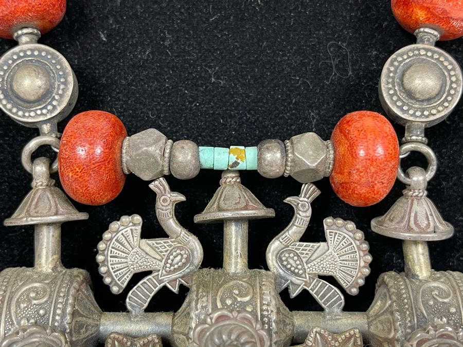 Vintage Chinese Tibetan Sterling Silver Pendant With Red Coral And Turquoise Beaded Necklace Statement Piece 386g [Photo 9]