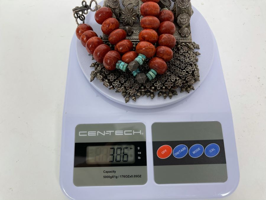 Vintage Chinese Tibetan Sterling Silver Pendant With Red Coral And Turquoise Beaded Necklace Statement Piece 386g [Photo 22]