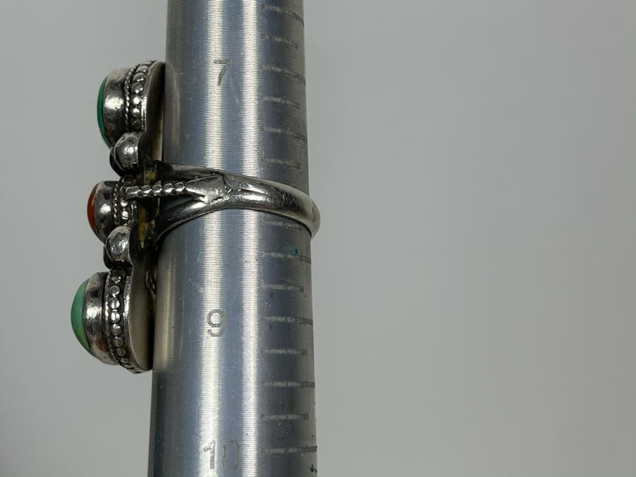 Vintage Sterling Silver Turquoise And Coral Ring Size 8 16.1g [Photo 9]