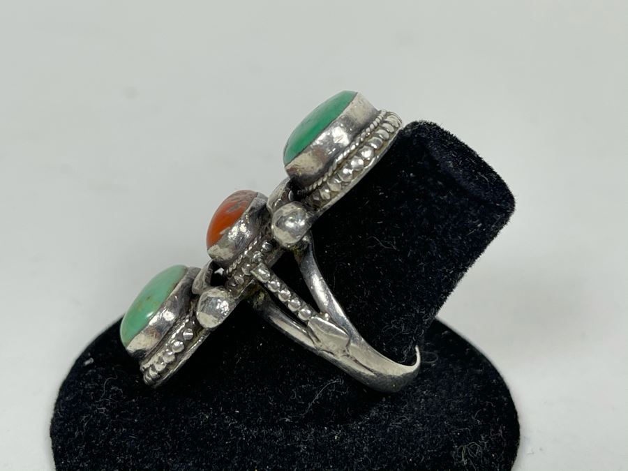 Vintage Sterling Silver Turquoise And Coral Ring Size 8 16.1g [Photo 6]